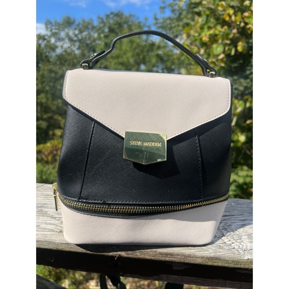 Steve Madden Backpack With Top Handle Purse Faux Leather Black Cream